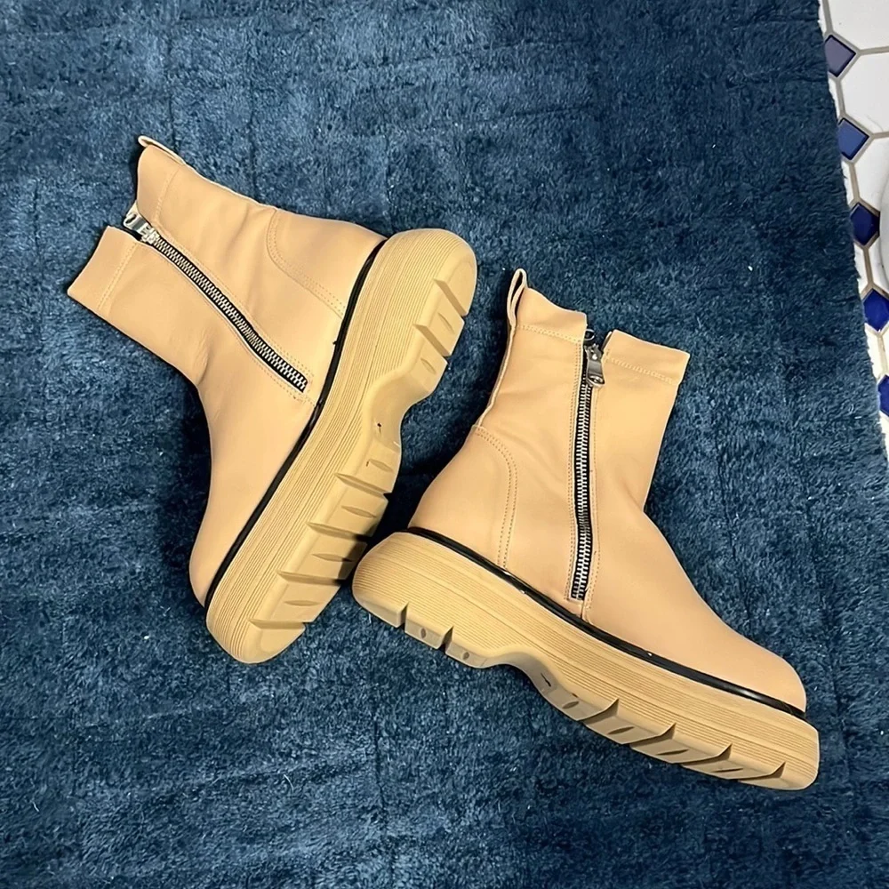 New Free People Mara Zip Moto Boots in Latte Brown Leather Size 37 or 7